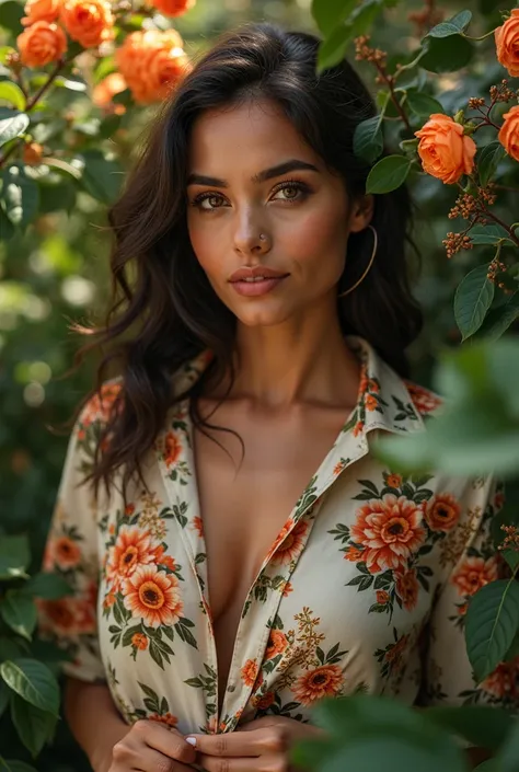 A Brazilian woman in a lush tropical garden,  wearing an open shirt with floral print, with a close up capturing the harmonious beauty between your breasts and the natural flowers, showing her natural charm and outgoing personality.