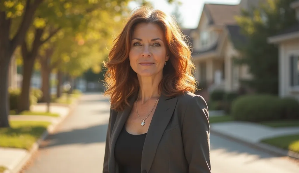 "A woman in her early 40s, Harper Brown stands on a sunny suburban street, her auburn hair now streaked with gray. She wears a professional yet approachable outfit—a blazer and slacks—with a calm, determined expression. Her eyes reflect wisdom and resilien...