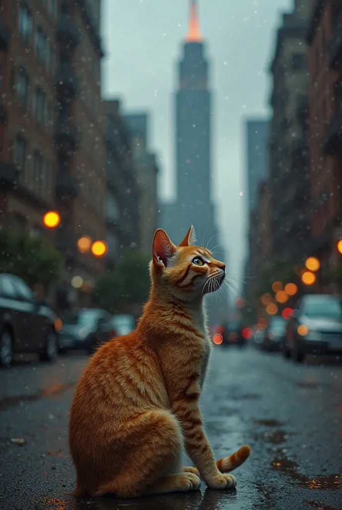 An orange tomcat, skinny and with messy fur, is sitting in a dark, wet street. With dreamy eyes he raises his glance toward a magnificent skyscraper standing far away. The scene might seem sad, yet hope is glimmering in the eyes of the cat. 