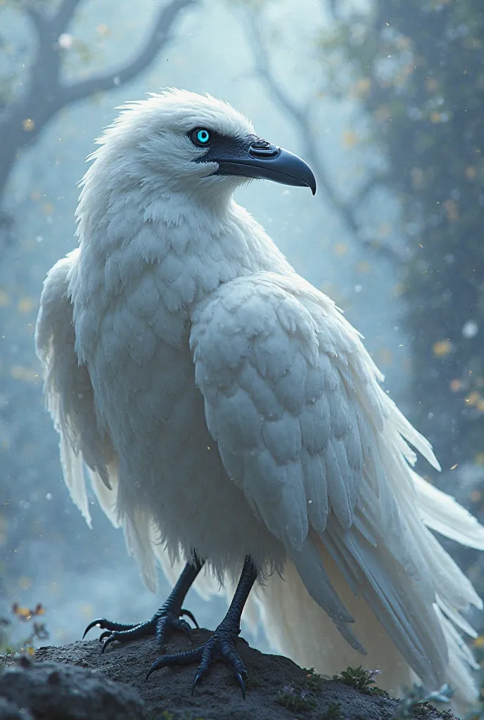 Generate a white raven with blue eyes 