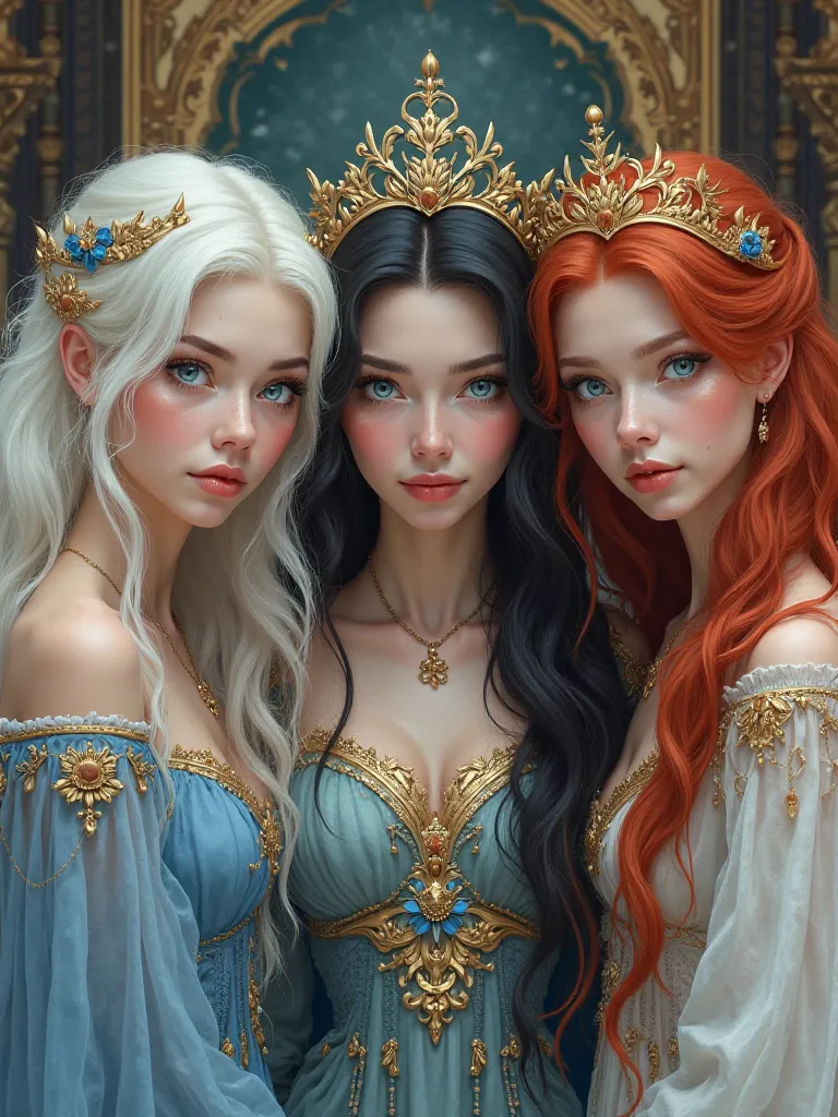 Three princess sisters one with white hair, the second with black hair, the third is redhead and all three have photorealistic blue eyes 