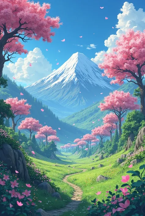 A valley where trees bloom in a perpetual way, a paradise with a beautiful mountain ahead. version anime