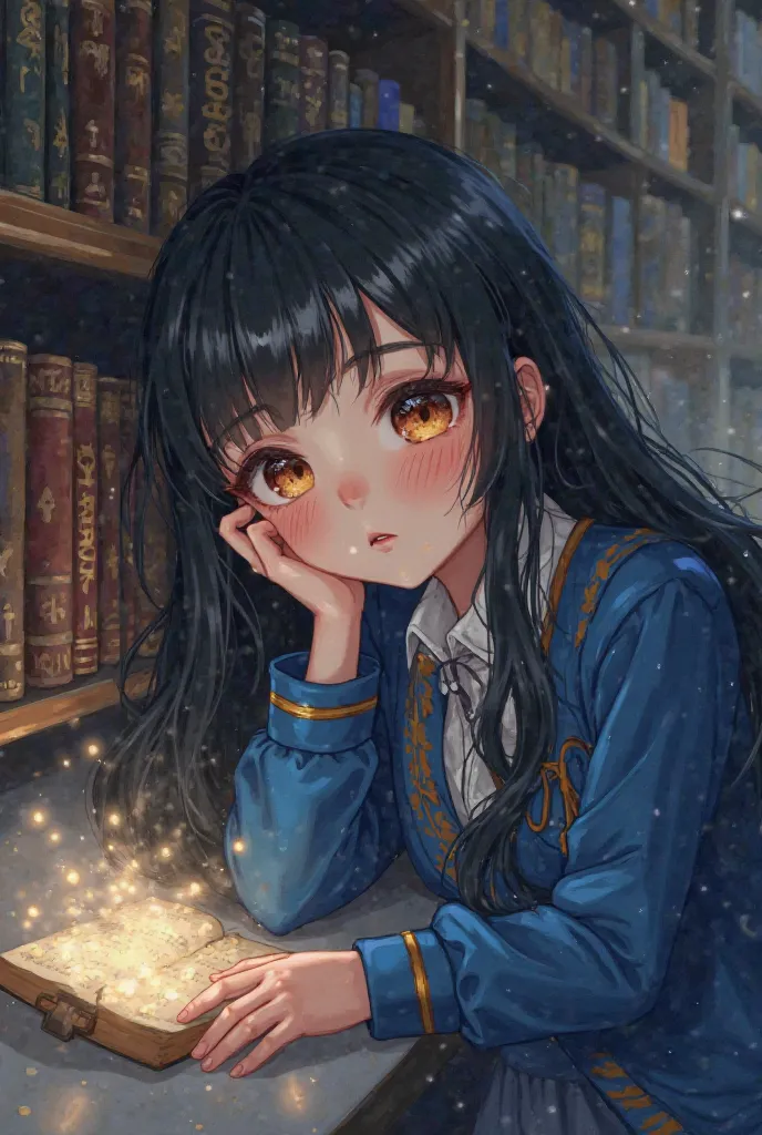 A beautiful black-haired, white-skinned, brown-eyed girl character from the Ravenclaw house in Harry Potter is sleeping in a library, made into an anime character.