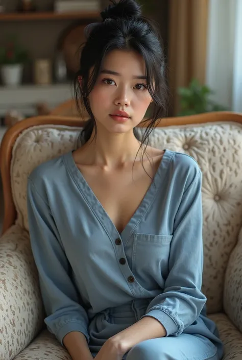 Photo of a beautiful, fair-skinned, slim girl with black hair. She has tied her hair up, is wearing a button-up jumper and blue pants, and is sitting on a beautiful sofa at home and looking at the camera.