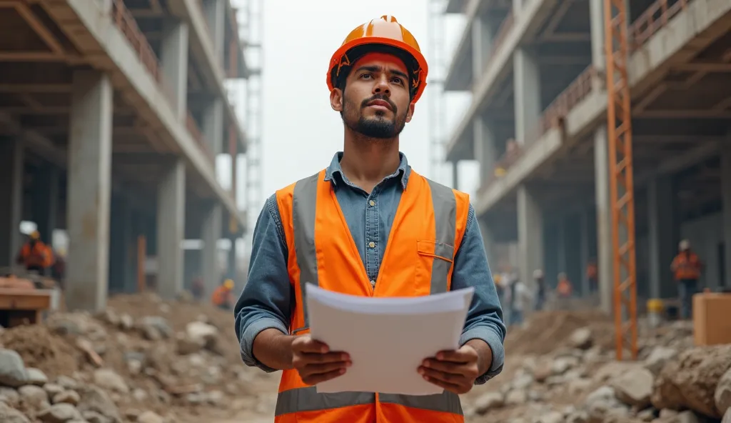 


"A young man, Latin worker style, working as an engineer, in a building construction company, in a realistic setting, showing his face and determined expression, dressed as an engineer, and an environment that suggests effort and dedication"



