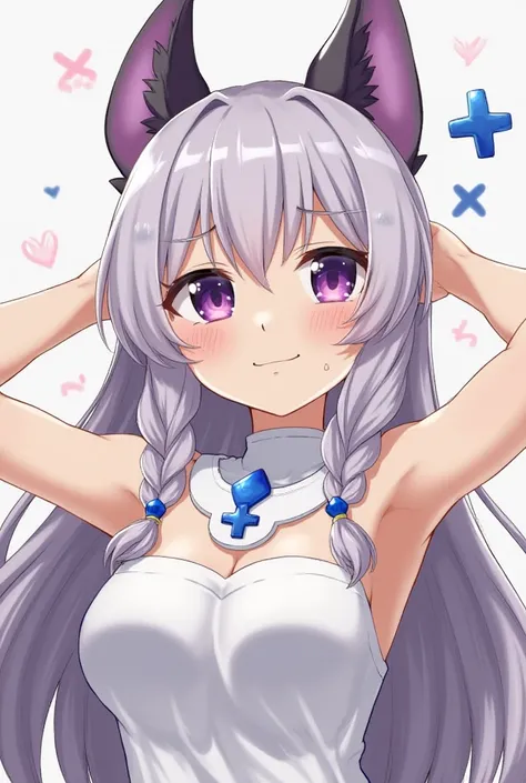 This is an anime-style image of a female character who looks like a demon or a demon cat, with dark purple ears and a blue plus sign attached to her hair. The character has long, silver-purple hair, braids in front and bright purple eyes.

She wore a dress...