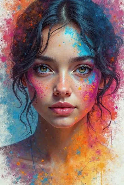 Beautiful woman's face with many colors and on her face dirtying her face with colors