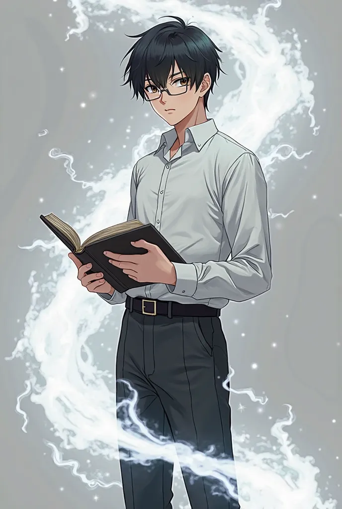 make me an anime character, Being an adult male, with dark black hair, brown eyes,  wearing an old outfit , with a white button-down shirt, with black dress pants, wearing a black full shoe,  in a serious face, full body, relaxed posture standing holding a...