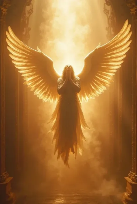 A heavenly seraphim hangs in the air, radiating an intense and sacred light. Its shape is majestic and shrouded in a golden glow. It has six wings: two covering your face in reverence, two covering your feet, and two open for flight. Your eyes reflect divi...