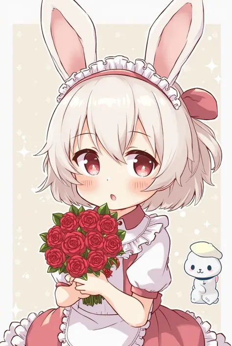 A very cute rabbit with white eyes、I'm wearing a fluttering apron。on the head、I'm wearing a headband from Maid Cafe。What is a cute rabbit、I'm holding a bouquet of 20 bright red roses。On the opposite side、There is a cute male rabbit wearing a cap。