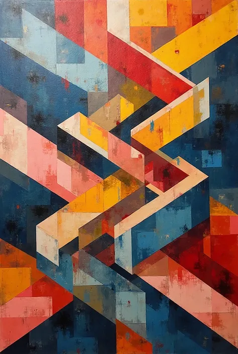 An abstract geometric painting featuring a chaotic yet structured arrangement of angular, layered shapes. The composition consists of interwoven, stair-like formations that create a strong illusion of depth and perspective. Each element is covered in a var...