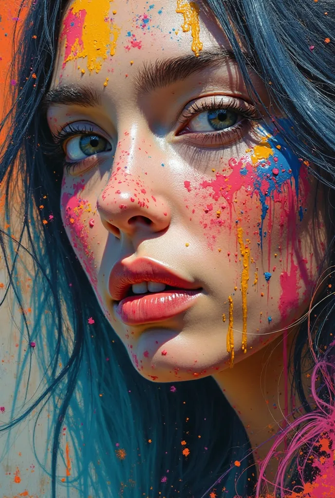 Beautiful woman's face with many colors and on her face dirtying her face with colors due to strong brushstrokes in relief 