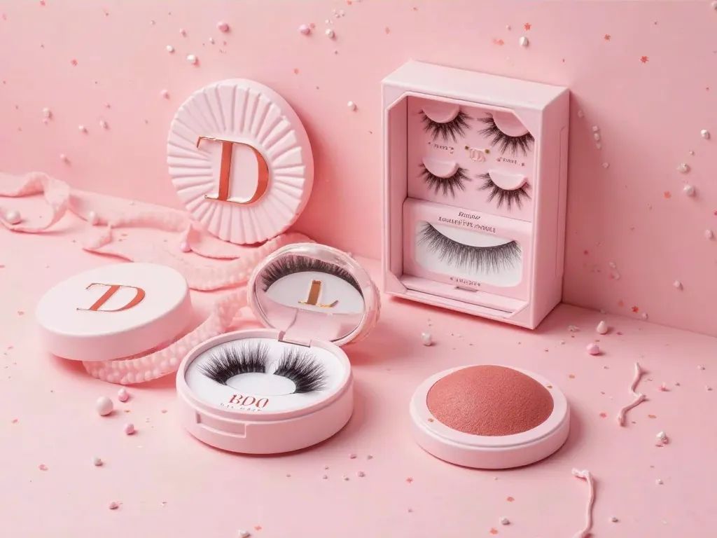 CREATE LASHES AND BLUSHES WITH PASTEL PINK PACKAGING, THAT HAVE THE D LOGO&S COSMETICS