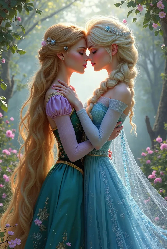 Rapunzel and Elsa kiss each other on the lips 🥵