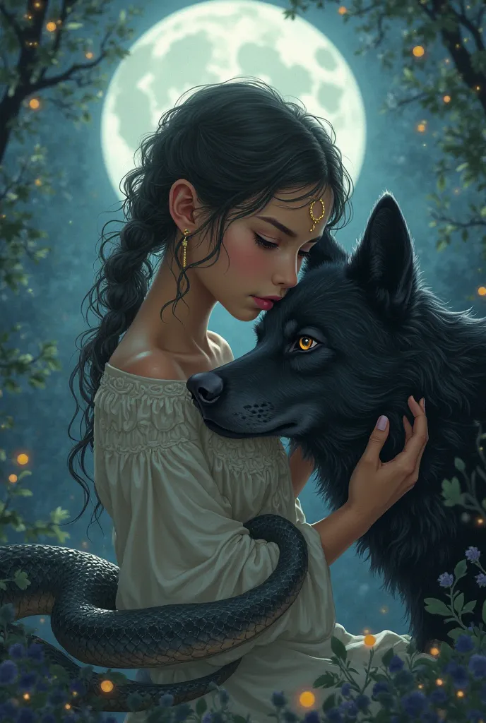 Brown girl with, a black wolf and a giant cobra taking care of it with the moon in the anime-style background