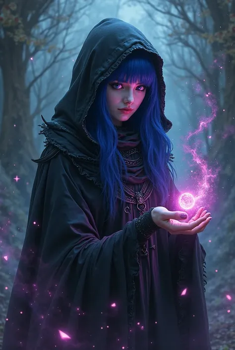 Mroczna postać kobiety w czarnym kapturze, right eye obscured by hair, left eye pink,  blue hair, mag, czarodziejka, wokół kobiety rozstacza się aura magiczna