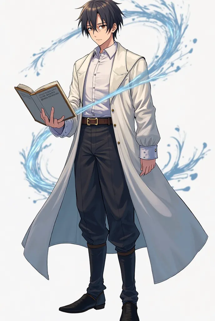 Make me an anime character, Being an adult male, with dark black hair, brown eyes, wearing a medieval outfit with a white button-down shirt, with black dress pants, wearing a black full shoe,  in a serious face, full body, relaxed posture while standing ho...