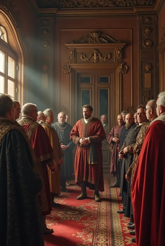 A grand medieval diplomatic scene. Prince Mstislav the Great, dressed in royal attire, welcomes European envoys in a richly decorated wooden hall. The atmosphere is solemn, symbolizing international alliances. Cinematic, ultra-detailed, historical accuracy...