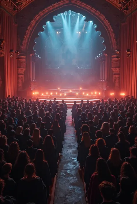 An auditorium in a magical academy. The view is from a stage on the wall into the hall. More than 100 magic students around  stand in front of the stage and are amazed with their mouths open towards the stage