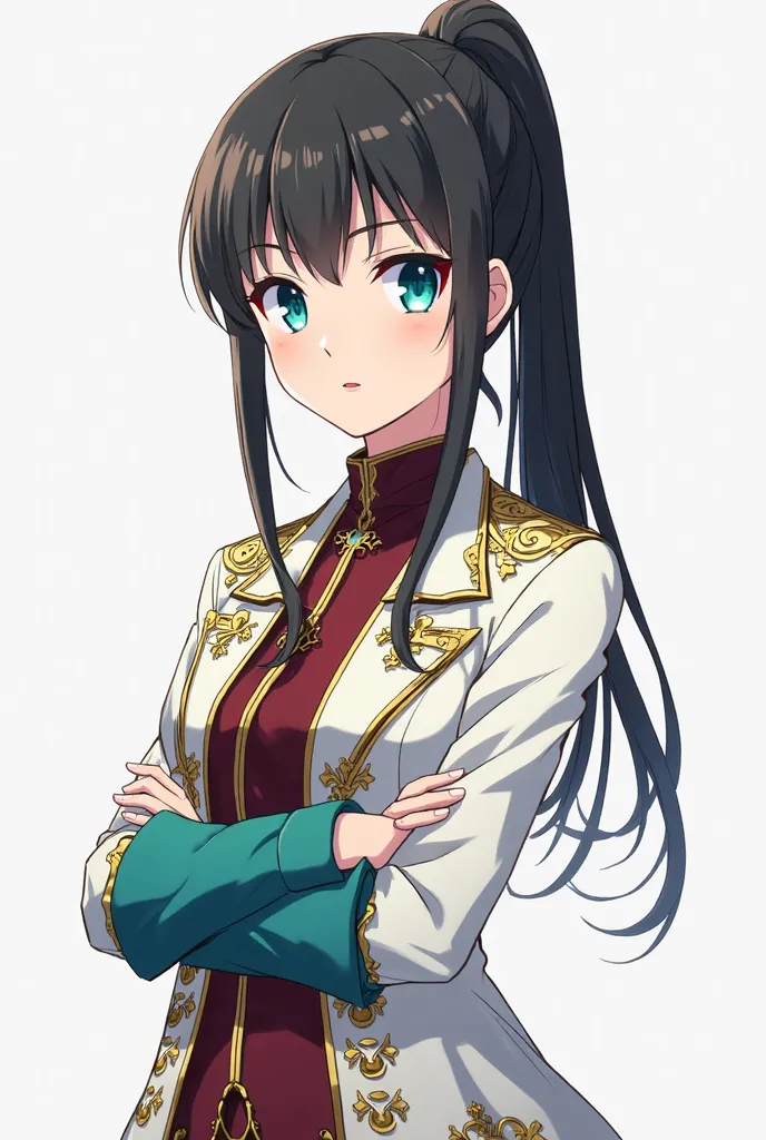 A young, light-skinned female anime character, centered in the image, is depicted in a stylized, formal outfit.  She has long, straight, black ponytail hair. that flows slightly to the right side of the frame. Her eyes are a vibrant teal blue, and her expr...