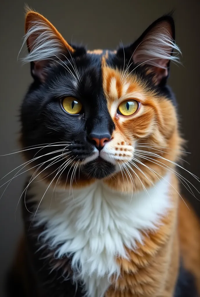 photograph of an elderly cat in black, orange and white