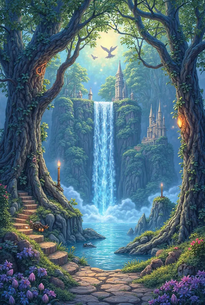 Create a series of enchanted, mystical places perfect for coloring. The first scene is a hidden forest glade, where massive ancient trees with glowing runes line the path, leading to a sparkling waterfall that flows in shimmering colors. The ground is cove...