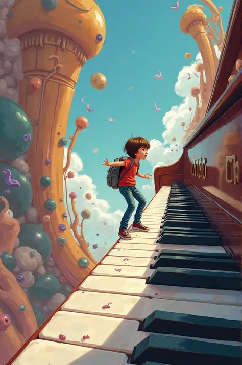 Disney style drawing, Pixar, Nine-year-old , medium haired brown hair , jeans, climbing up some giant piano keys