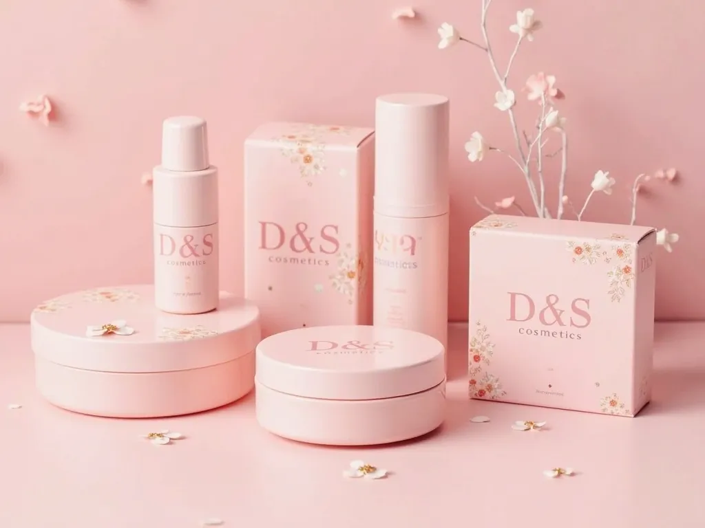 CREATE BLUSHES AND MASCARA WHOSE PACKAGING IS PASTEL PINK, WITH THE BRAND NAME D&S COSMETICS