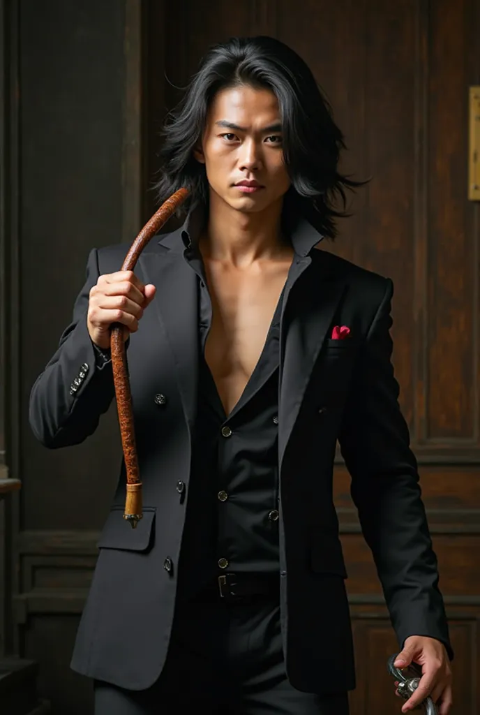 An Asian man with striking features, dark eyes and slightly long black hair, almost covering his eyes . Your physique is well defined, skin suit with apparent muscles, but without exaggeration.  He wears elegant dress clothes , but slightly untidy, with th...