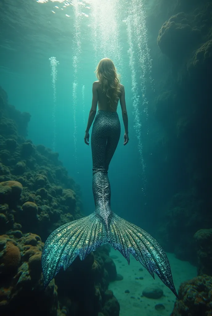 First-person POV style photo: you're a mermaid waking up at the bottom of the ocean. you can see her scaly, shimmering tail . The tail is long and iridescent, with shiny scales that reflect underwater light. Surrounding her are soft, flowing streams of wat...