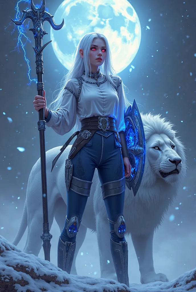 Dark epoch game character Mu,  white hair , red eyes with glowing,  long hair, wearing a white blouse with a wide belt around the waist, blue armor pants with ice-blue effects coming out of them, shiny blue shield on the right hand while the staff is elega...