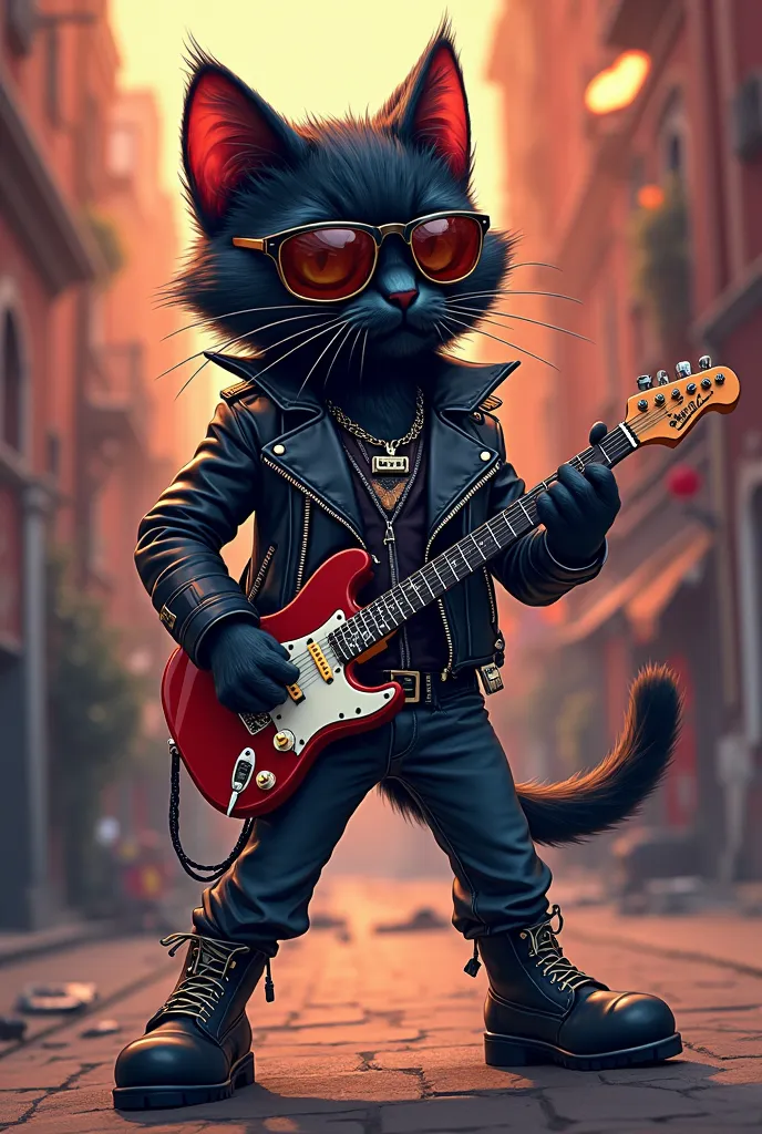 "A black cat dressed like a rock star, Walking with attitude, wearing a leather jacket, sunglasses, and studded boots , holding a small guitar,  cartoon