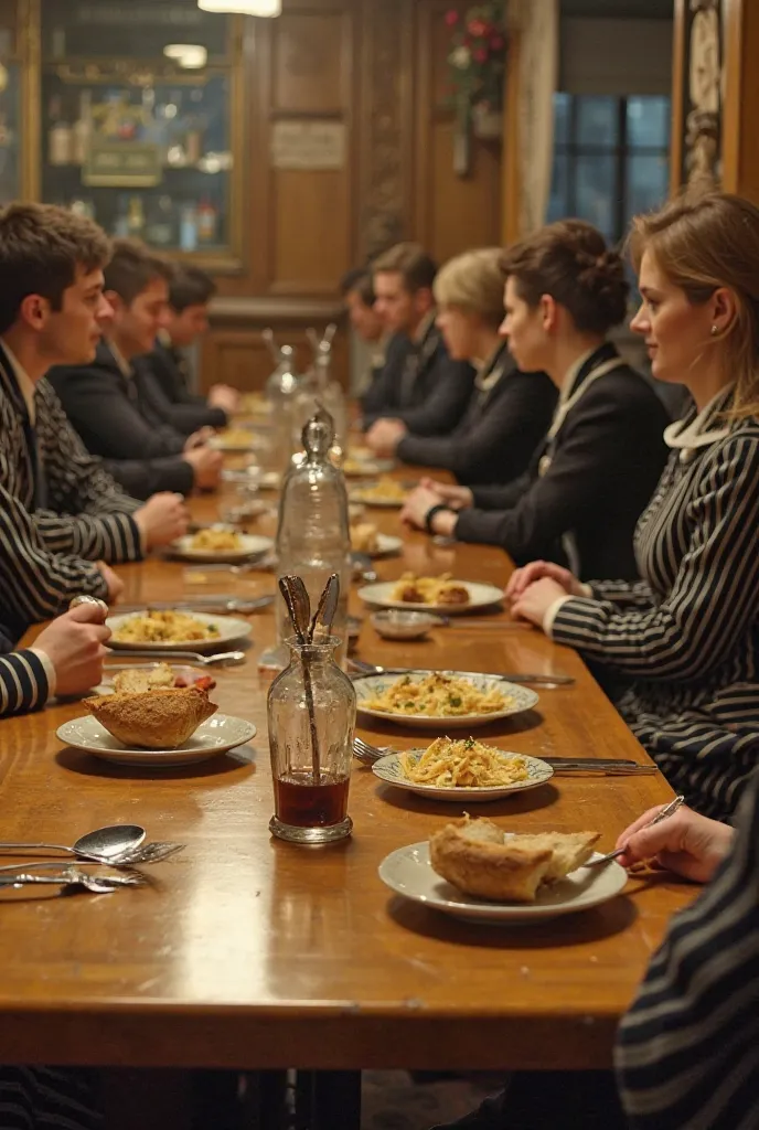 POV I am sitting at the table next to me there are more tables in all of them there are people in vertical striped uniforms my hand holds bread on everyone's table there are grated soups and stale bread