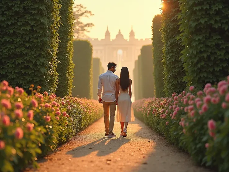 Design a serene image of a couple walking hand-in-hand through Versailles' manicured gardens at golden hour. Lush green hedges frame the scene, with a marble fountain in the distance and pink roses blooming nearby. Soft sunlight creates a romantic, etherea...