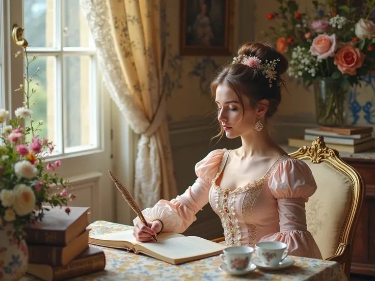 Generate a whimsical portrait of a woman in an 18th-century-style pastel gown sitting at a ornate desk in Versailles' Petit Trianon. She writes with a quill pen, surrounded by fresh flowers, vintage books, and a porcelain tea set. Sunlight filters through ...