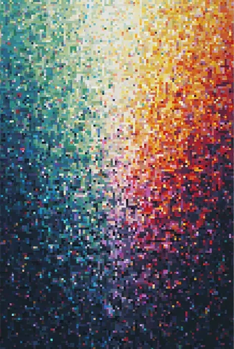 A pixelated abstract artwork made up of hundreds of tiny, square-shaped color blocks arranged in a mosaic pattern. The composition blends a variety of cool and warm tones, including shades of blue, green, purple, yellow, and red, creating a sense of depth ...