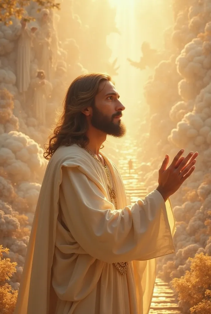 An ultra-realistic image of Jesus Christ speaking directly to the viewer, looking into your eyes with a loving expression, Serene and welcoming. Your face reflects deep compassion, with glowing eyes that convey peace and wisdom. His long, slightly wavy bro...