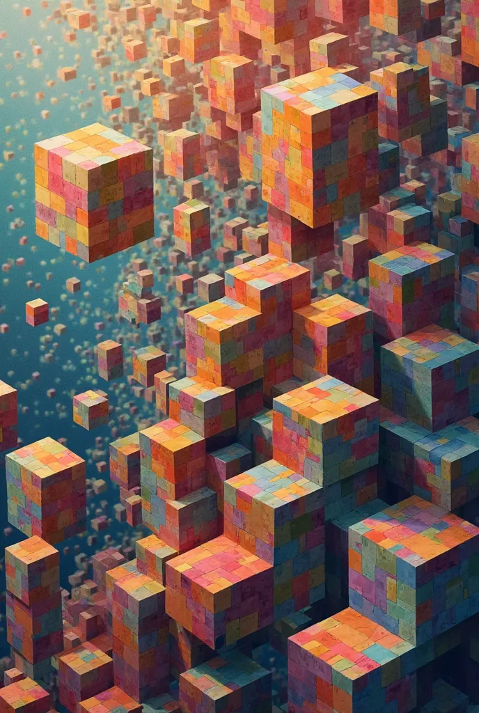 "An abstract geometric artwork featuring complex, interconnected three-dimensional cubes and prisms. Each shape is covered in a patchwork of multicolored squares in a wide range of hues, creating a visually dynamic and vibrant composition. The perspective ...