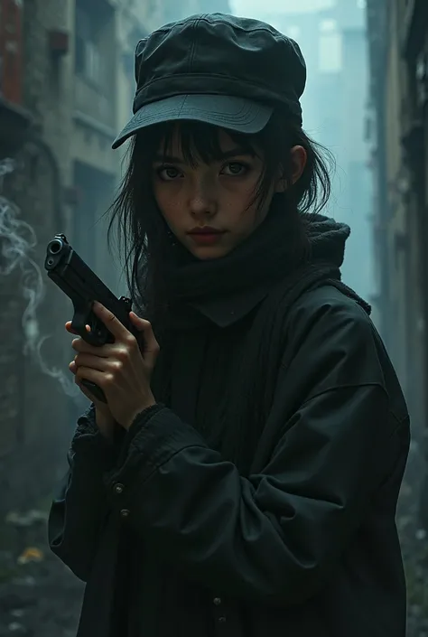 A detective girl holding a gun with her head down hiding her face with cap, should be modest and there should be smoke