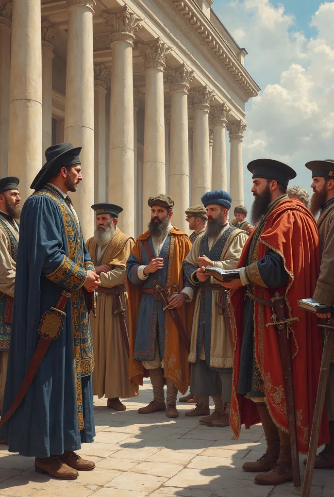 "Historical scene of Ukrainian hetman meeting with Cossacks, made in the classical style. Figures depicted in strict, of calm poses, similar to antique statues. Color palette soft, pastel, creates an elegant and harmonious atmosphere. In the background maj...