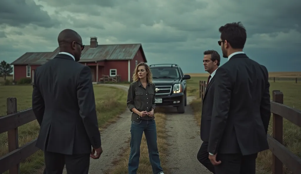 A tense and dramatic scene on an American farm. A 30-year-old woman with a cautious and uneasy expression is confronted by three men dressed in black, who have just arrived in a black SUV. The vehicle is parked aggressively on a dirt road, its headlights c...