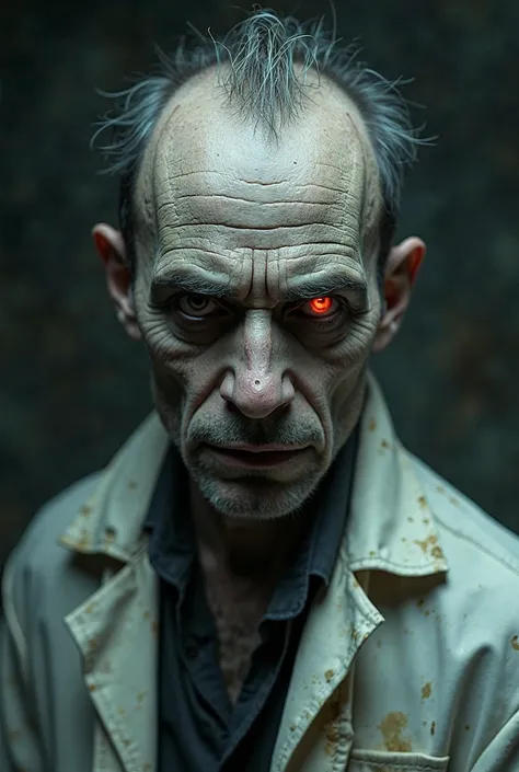 macabre and surreal portrait of a man with a  appearance, with pale, wrinkled skin, marked by deep creases and rough textures. The eyes are mesmerizing , with dilated pupils surrounded by an intense red glow. The dark circles are dark and cavernous, intens...