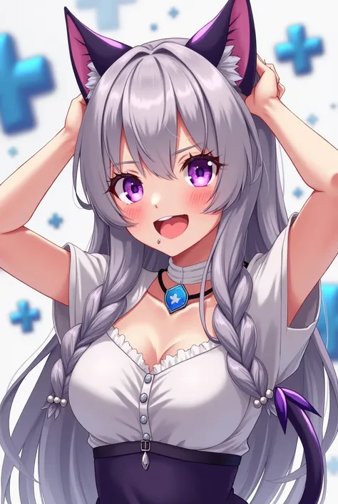 This image is an anime-style image of a female character who looks like a demon or a demon cat, with dark purple ears and a blue plus sign attached to her hair. The character has long, purplish silver hair braided in front and has bright purple heart-shape...