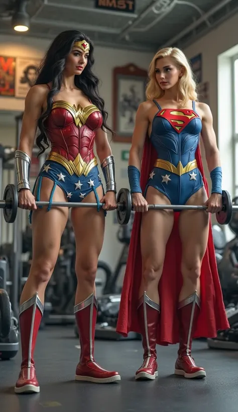 A highly detailed scene in 3D style at the gym. Wonder Woman and Supergirl, both with their classic costumes, are training together. They look fat and sedentary, they show determination, lifting weights and straining in the exercises. The gym is equipped w...