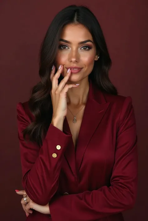 Create a 36-year-old Brazilian woman wearing the dark red costume, similar to wine or burgundy. It is an elegant color, and often associated with luxury, power and intensity . . It can refer to sophisticated shades of marsala or burgundy, depending on lumi...