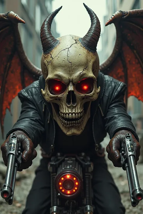 A skull with bat wings, two revolvers and a Harley Davidson 