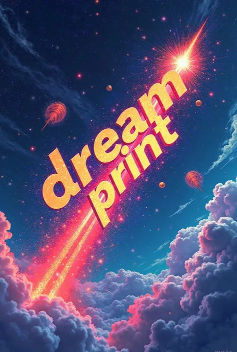 dream print lettering flying like a fiery meteorite