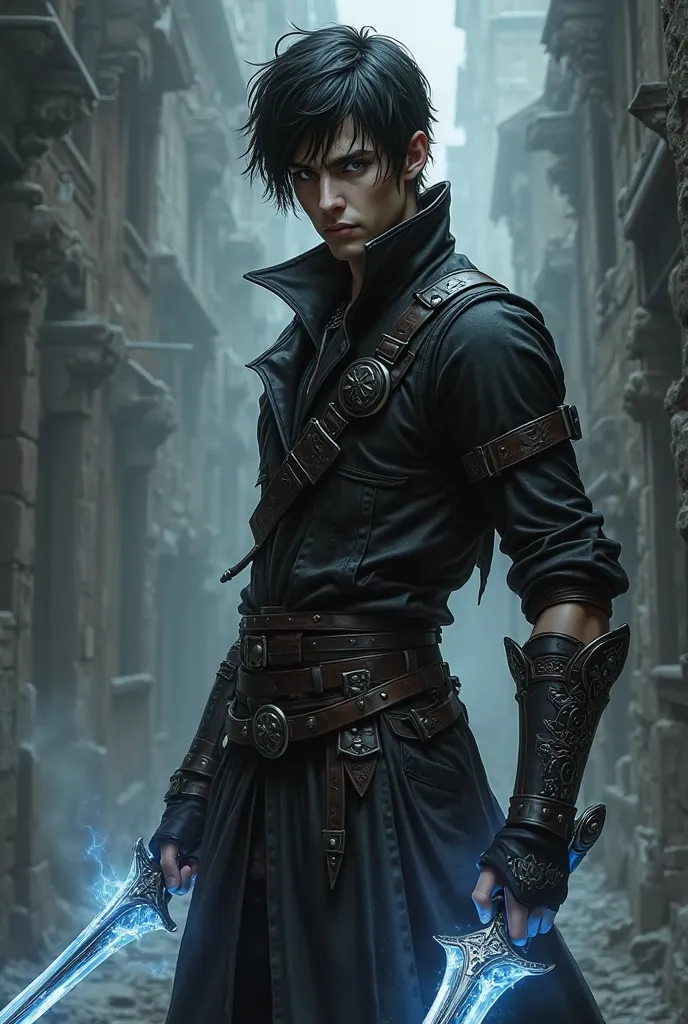 Criei um Male rogue light skin, short black hair, black eyes, dark clothes with energy daggers 