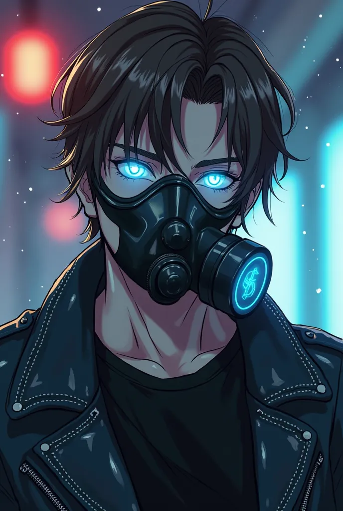 Create the image of a white man with bright neon blue eyes, a black gas mask, short brown hair thrown and combed to the right and almost blue white wiggles in the bangs he has to wear a leather jacket and a black shirt he must look French in anime style