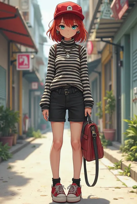 Girl 169 years old, 21 years old 
Black knee-length shorts, red and black sneakers, striped black and white long-sleeved turtleneck, on the top a foodball with a pattern, straight with a purse, red hair, on the head red hat with a pattern of marijuana leav...